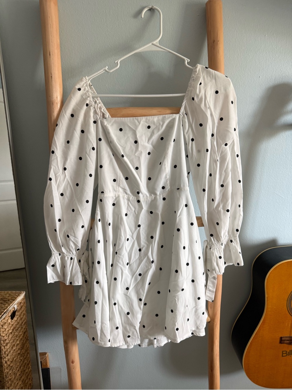 White Polka Dot Square Neck Mini Dress